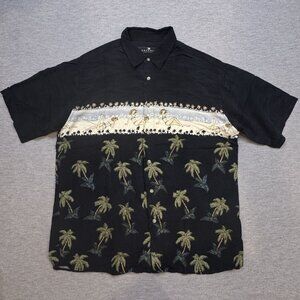 Vintage Consensus Sportswear Hawaiian Shirt Size L Black Palm Tree Pin-Up Girl